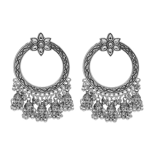 Antique Silver Plated Oxidised Traditional Look With CZ & Pearls Long Jhumka Earrings for Women (SJE_51)
