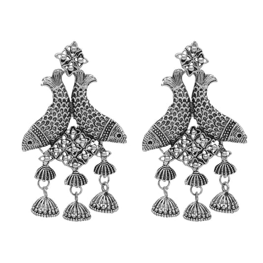 Antique Silver Plated Oxidised Traditional Fish Design with CZ & Pearls Long Jhumka Earrings for Women (SJE_53)