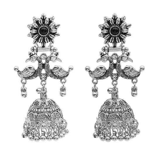 Antique Silver Plated Oxidised Traditional Peacock Design with CZ & Pearls Long Jhumka Earrings for Women (SJE_55)