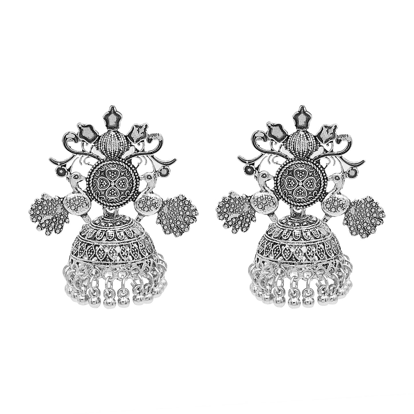 Antique Silver Plated Oxidised Traditional Medium Sized Jhumka Jhumki Earrings for Women (SJE_56)