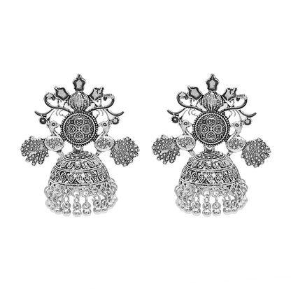 Antique Silver Plated Oxidised Traditional Medium Sized Jhumka Jhumki Earrings for Women (SJE_56)