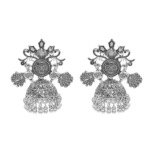 Antique Silver Plated Oxidised Traditional Medium Sized Jhumka Jhumki Earrings for Women (SJE_56)
