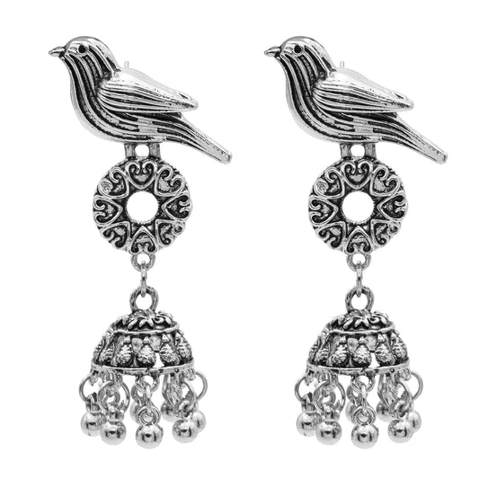 Antique Silver Plated Oxidised Traditional Sparrow Design with CZ & Pearls Long Jhumka Earrings for Women (SJE_58)