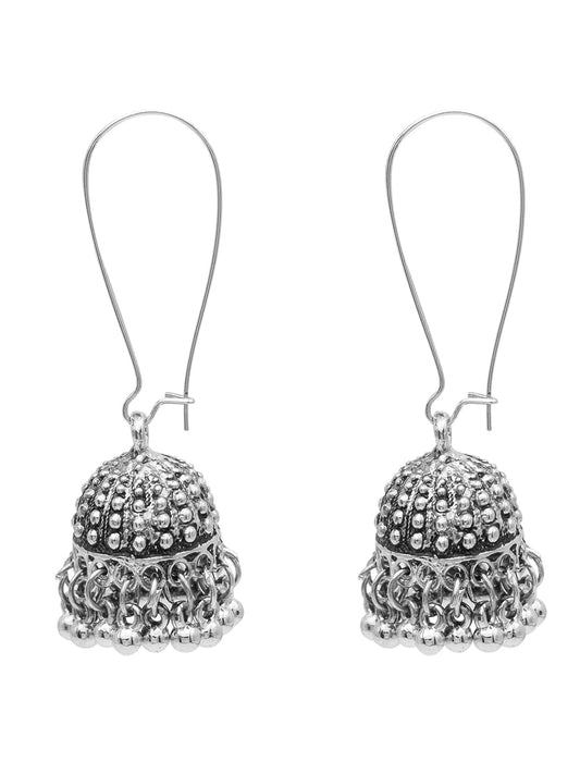 Antique Silver Plated Oxidised Traditional Fish Hook Design Small Sized Jhumka Jhumki With Pearls Earrings for Women (SJE_61_D1)