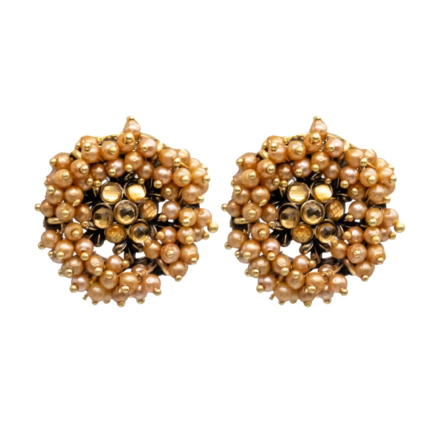 Traditional Indian Antique Gold Plated Pearl Clusterd CZ,Crystal Studded Stud Earring For Women (SJE_62_O)