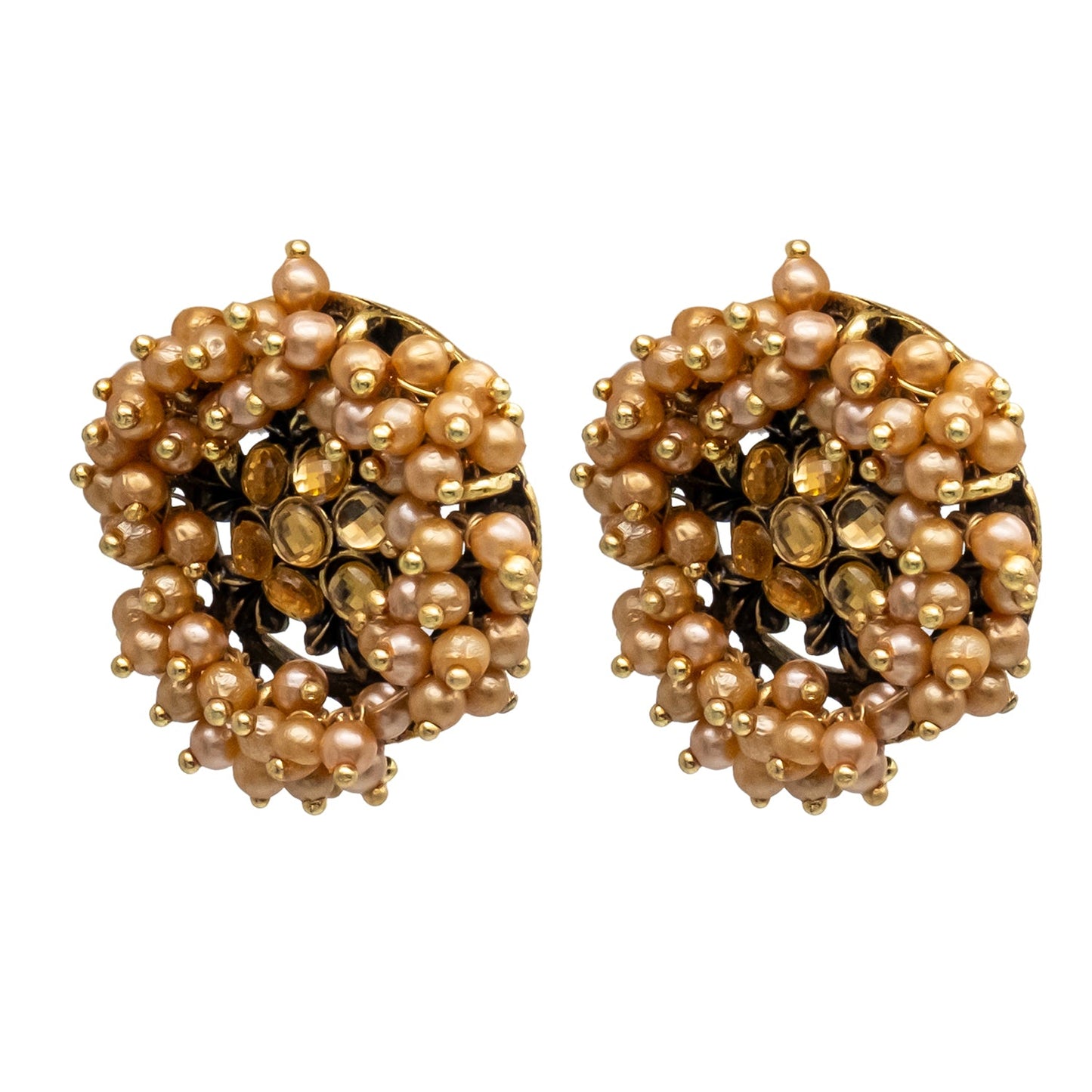 Traditional Indian Antique Gold Plated Pearl Clusterd CZ,Crystal Studded Stud Earring For Women (SJE_62_O)