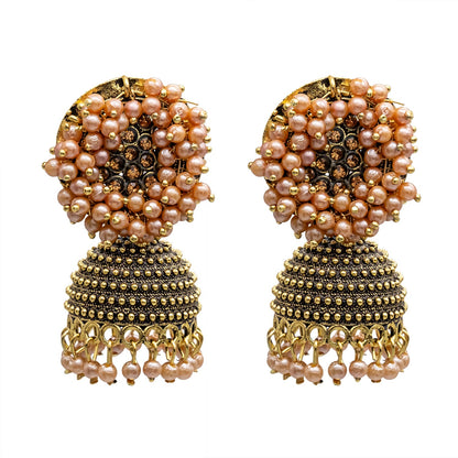 Traditional Indian Antique Gold Plated With CZ, Crystal,Pearl Studded Jhumka Earring For Women (SJE_63)