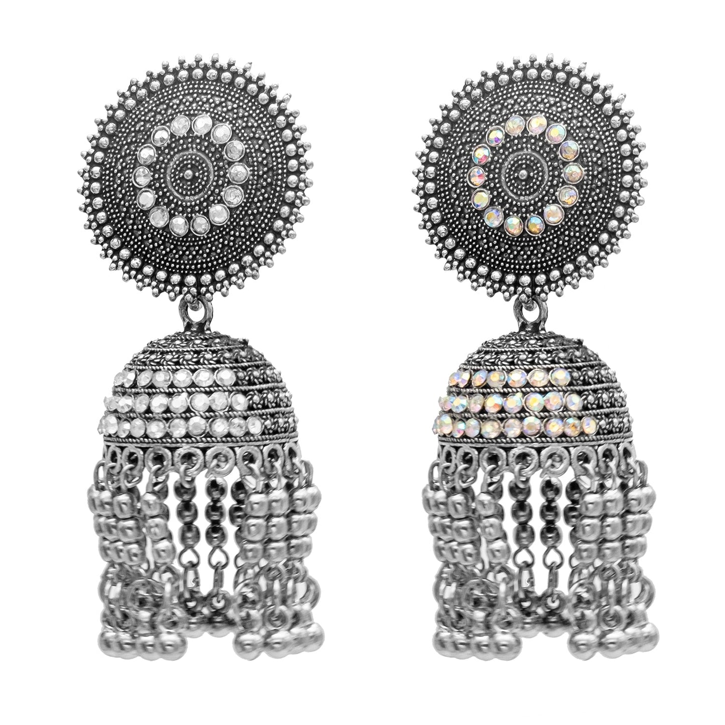 Traditional Indian Antique Silver Oxidised Tassel CZ, Crystal Studded Jhumka Earring For Women (SJE_64)