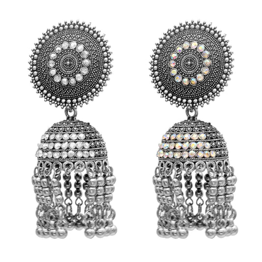 Traditional Indian Antique Silver Oxidised Tassel CZ, Crystal Studded Jhumka Earring For Women (SJE_64)