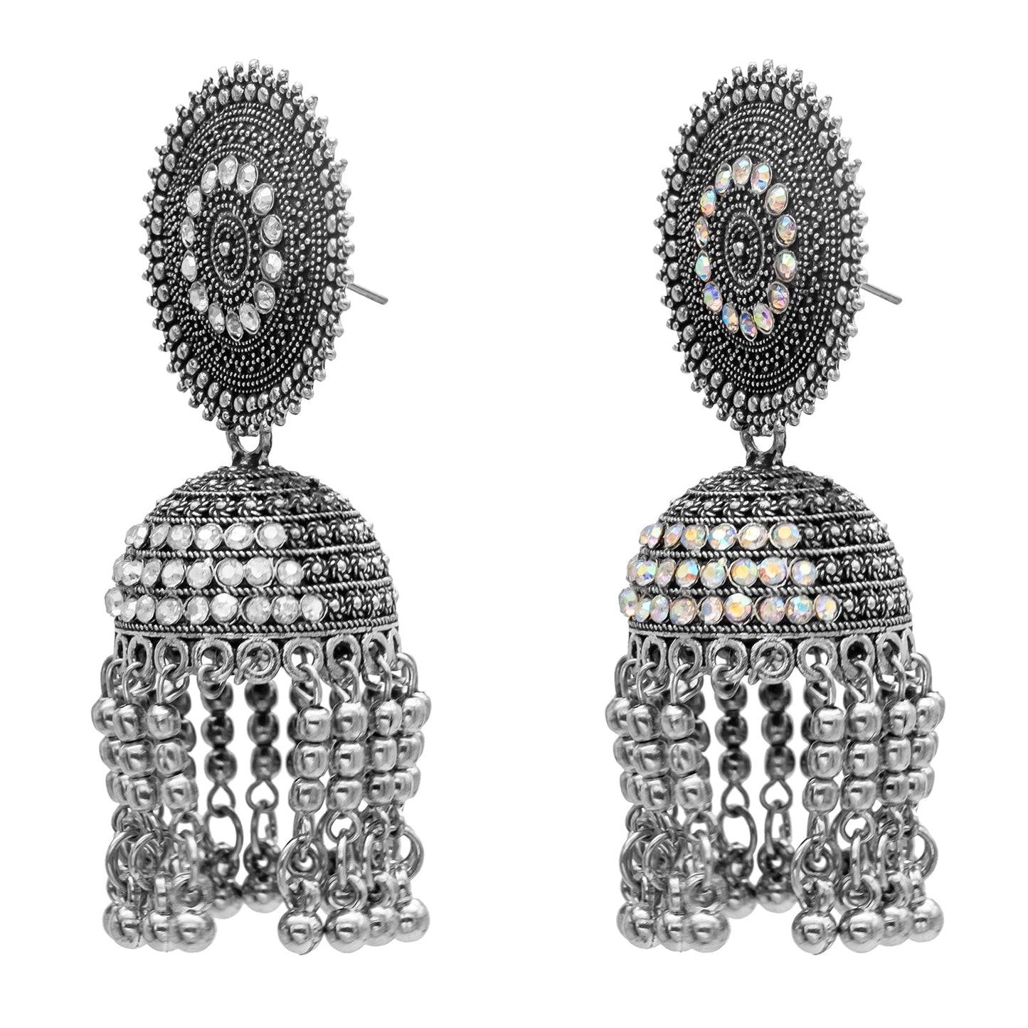 Traditional Indian Antique Silver Oxidised Tassel CZ, Crystal Studded Jhumka Earring For Women (SJE_64)