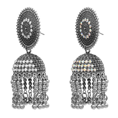 Traditional Indian Antique Silver Oxidised Tassel CZ, Crystal Studded Jhumka Earring For Women (SJE_64)