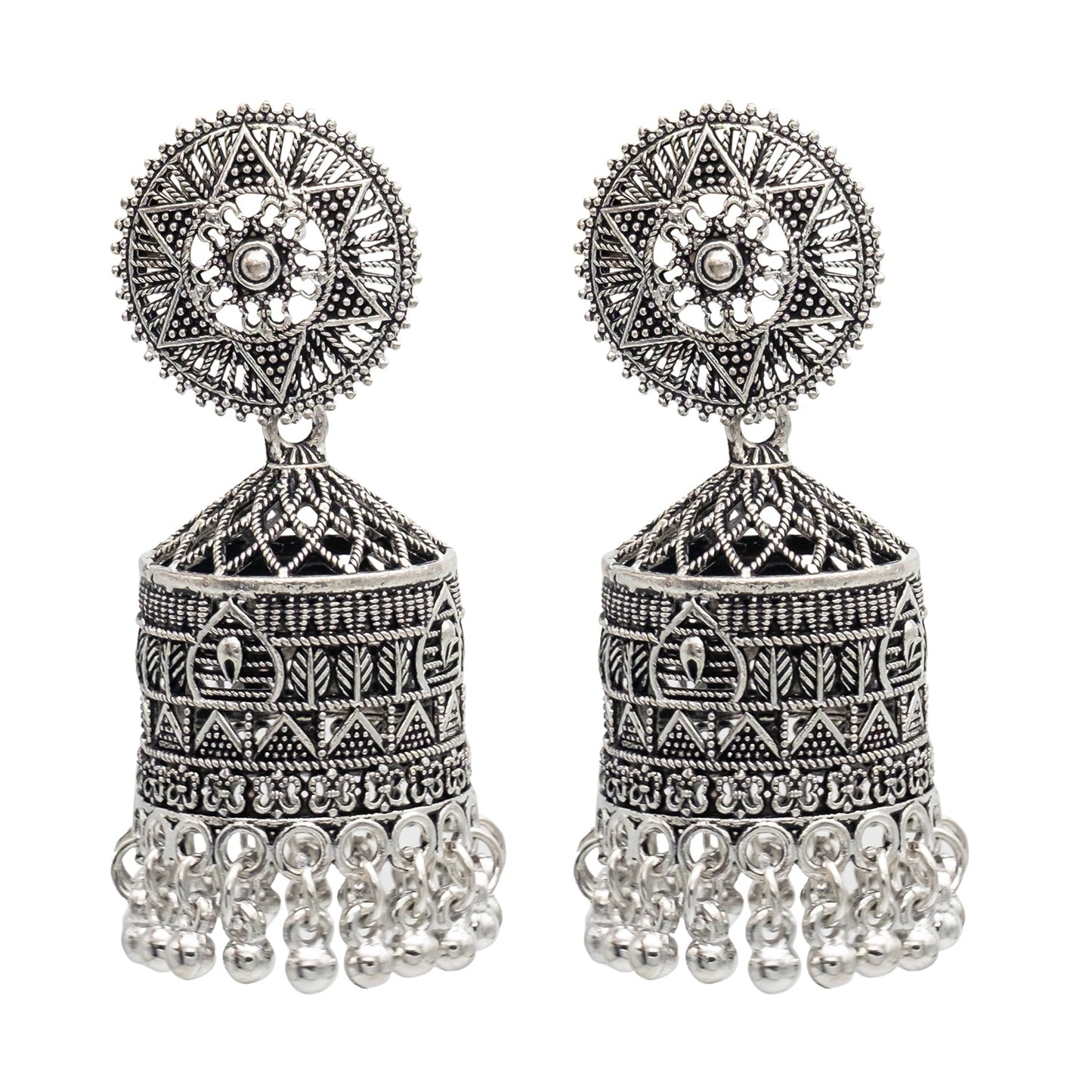 Traditional Indian Antique Silver CZ, Crystal Studded Jhumka Earring For Women (SJE_65)