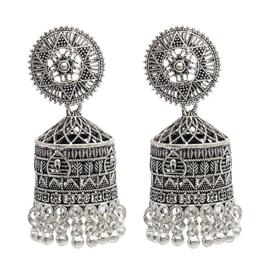 Traditional Indian Antique Silver CZ, Crystal Studded Jhumka Earring For Women (SJE_65)