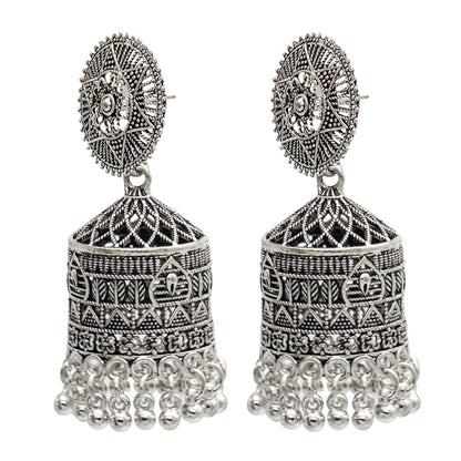 Traditional Indian Antique Silver CZ, Crystal Studded Jhumka Earring For Women (SJE_65)