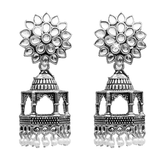 Traditional Indian Antique Silver CZ, Crystal Studded Jhumka Earring For Women (SJE_67)