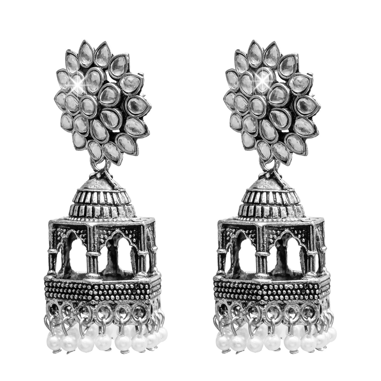 Traditional Indian Antique Silver CZ, Crystal Studded Jhumka Earring For Women (SJE_67)