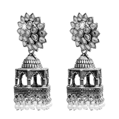 Traditional Indian Antique Silver CZ, Crystal Studded Jhumka Earring For Women (SJE_67)