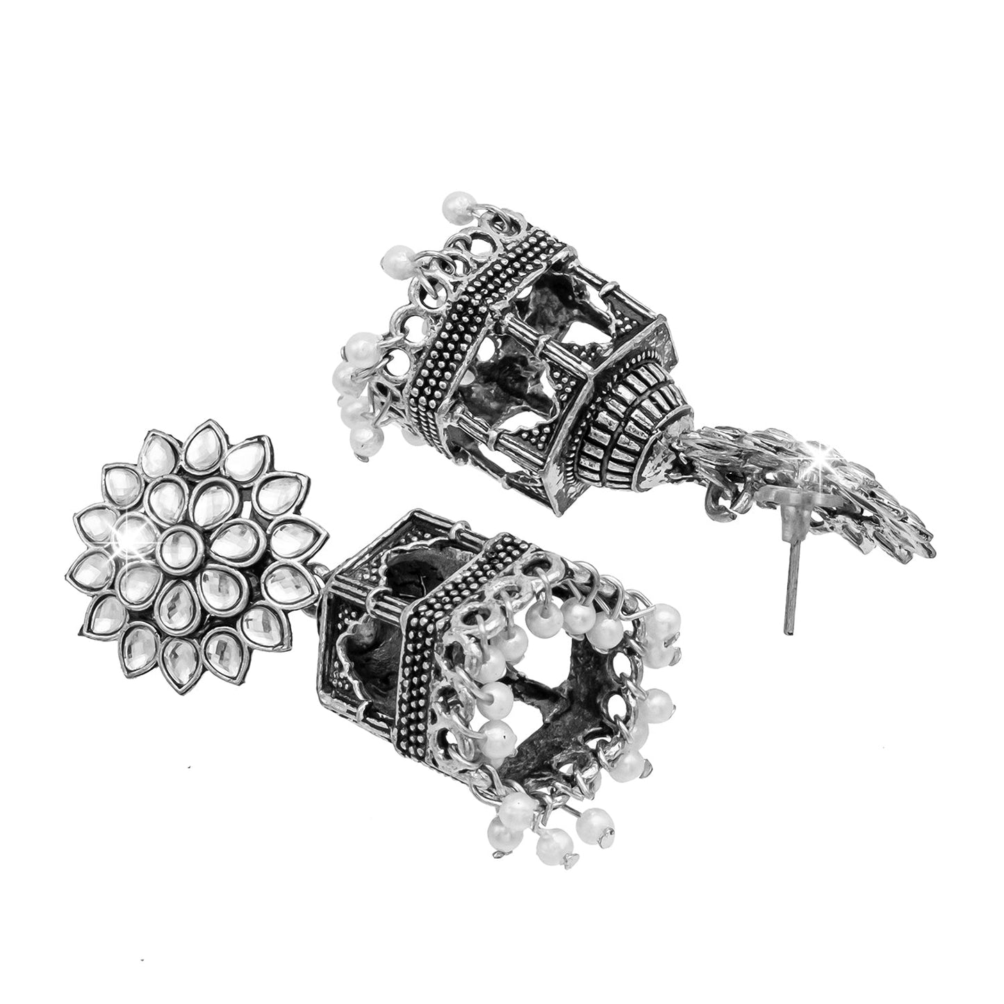 Traditional Indian Antique Silver CZ, Crystal Studded Jhumka Earring For Women (SJE_67)