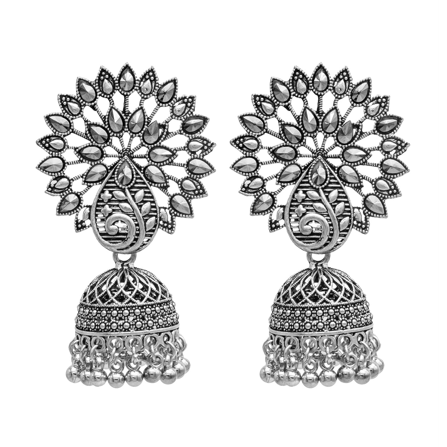 Traditional Indian Antique Silver CZ, Crystal Studded Jhumka Earring For Women (SJE_68)