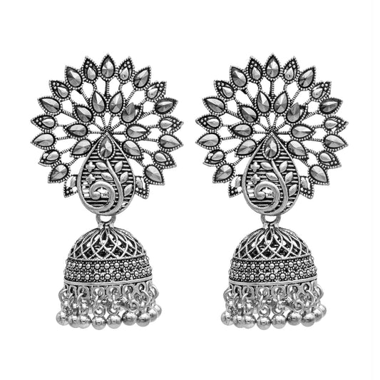 Traditional Indian Antique Silver CZ, Crystal Studded Jhumka Earring For Women (SJE_68)