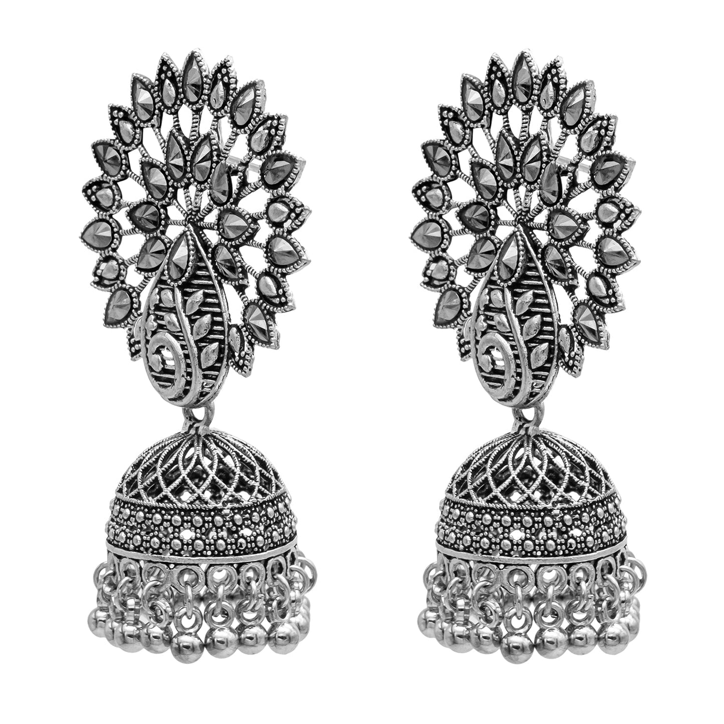 Traditional Indian Antique Silver CZ, Crystal Studded Jhumka Earring For Women (SJE_68)