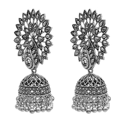 Traditional Indian Antique Silver CZ, Crystal Studded Jhumka Earring For Women (SJE_68)