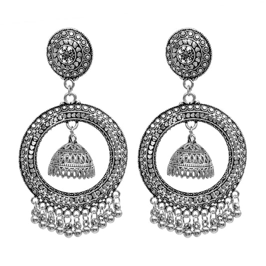 Traditional Indian Antique Silver CZ, Crystal Studded Jhumka With Chand Bali Earring For Women - Silver