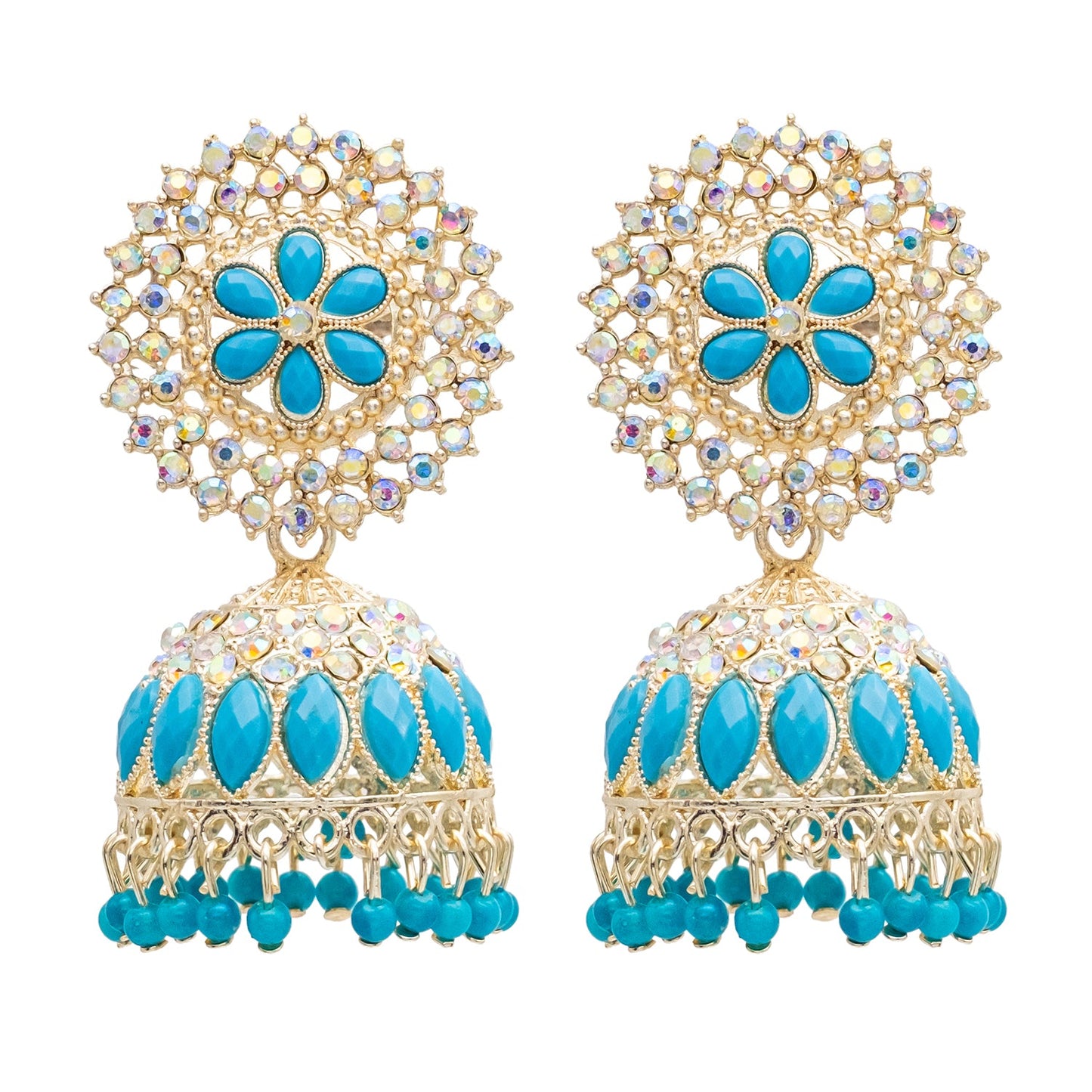 Traditional Indian Gold Plated Blue Polki CZ, Crystal Studded Jhumka Earring For Women - Blue (SJE_71_BL)
