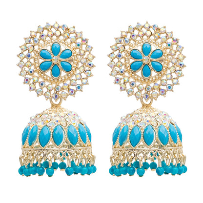 Traditional Indian Gold Plated Blue Polki CZ, Crystal Studded Jhumka Earring For Women - Blue (SJE_71_BL)