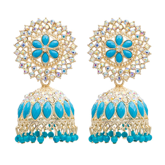 Traditional Indian Gold Plated Blue Polki CZ, Crystal Studded Jhumka Earring For Women - Blue (SJE_71_BL)