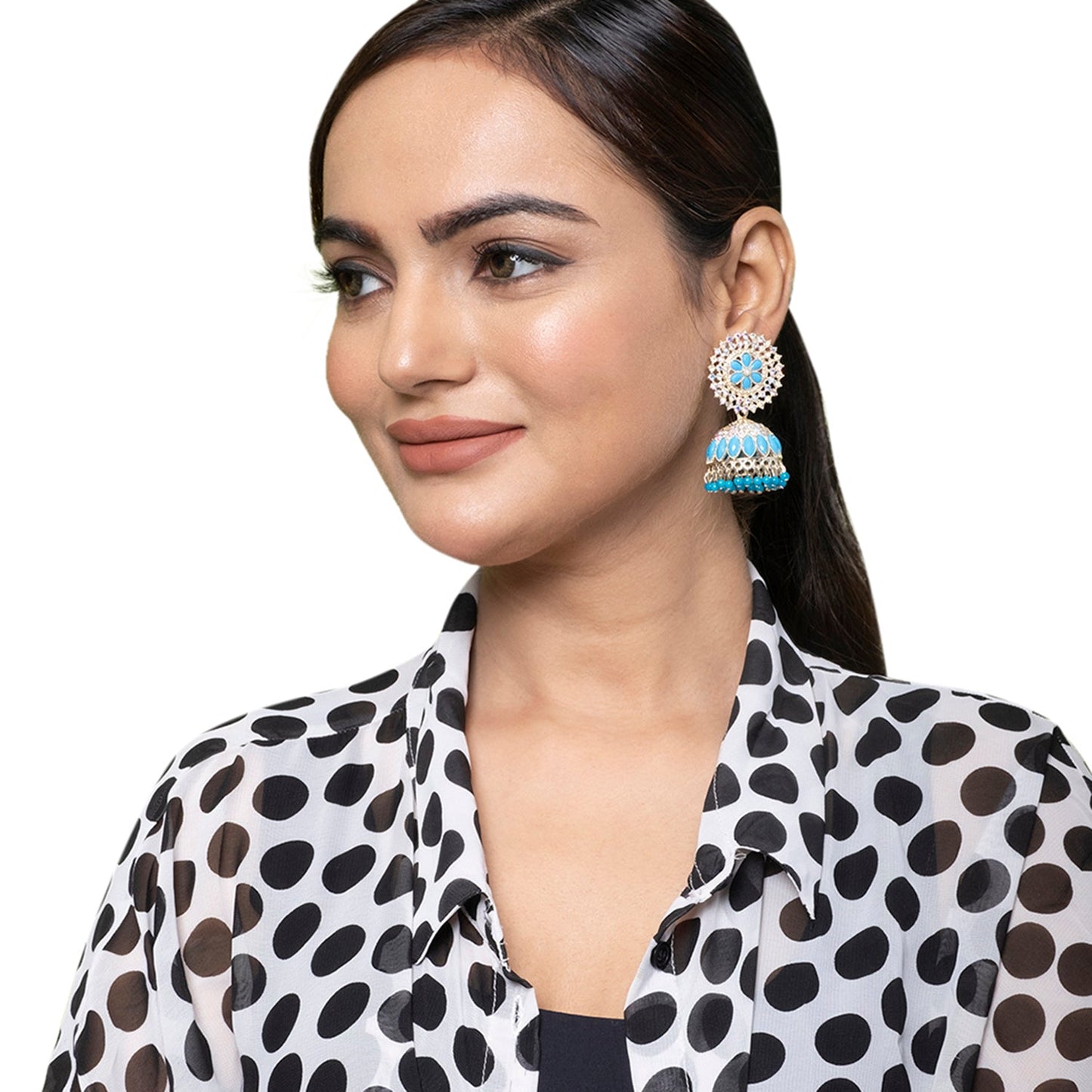 Traditional Indian Gold Plated Blue Polki CZ, Crystal Studded Jhumka Earring For Women - Blue (SJE_71_BL)