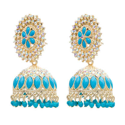 Traditional Indian Gold Plated Blue Polki CZ, Crystal Studded Jhumka Earring For Women - Blue (SJE_71_BL)