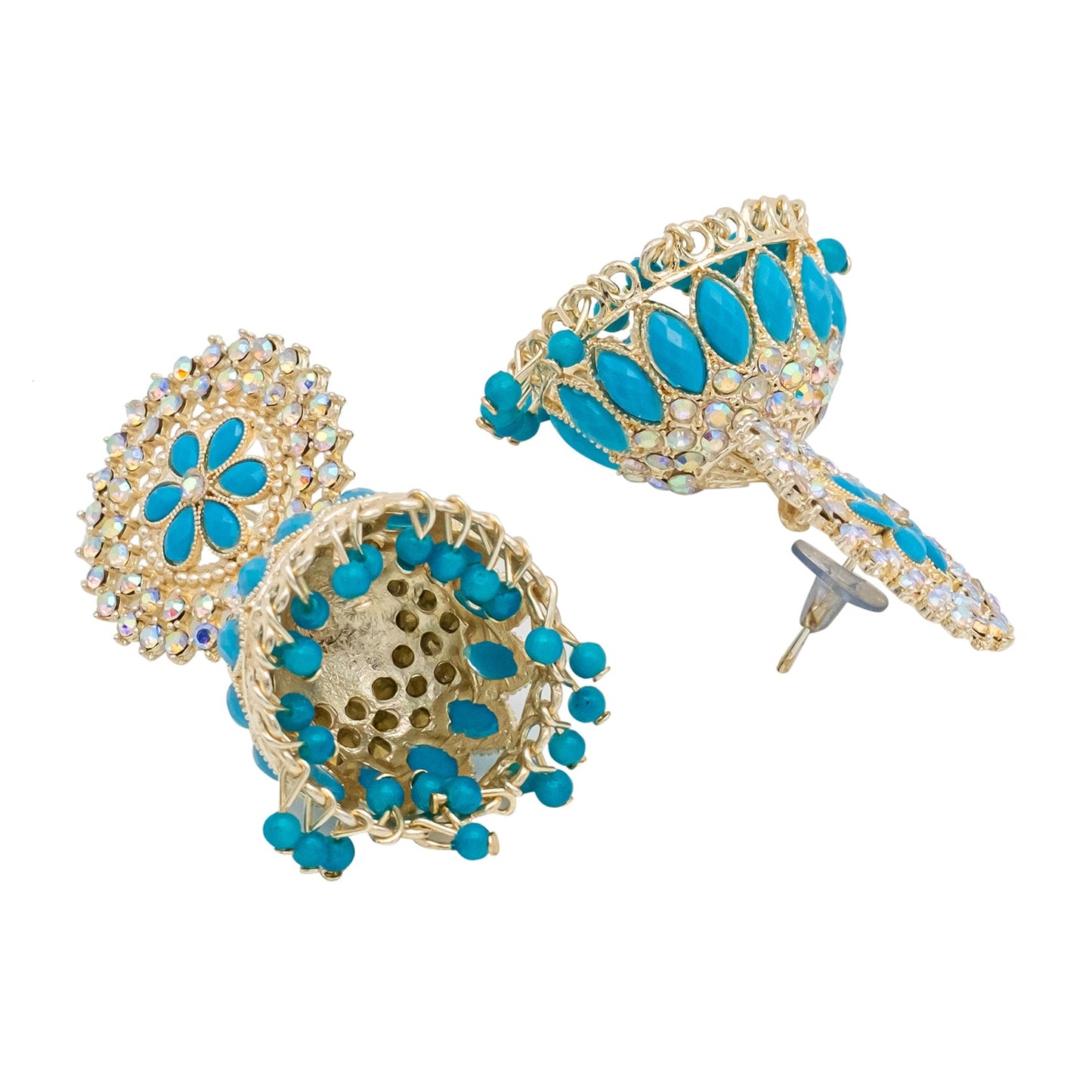 Traditional Indian Gold Plated Blue Polki CZ, Crystal Studded Jhumka Earring For Women - Blue (SJE_71_BL)