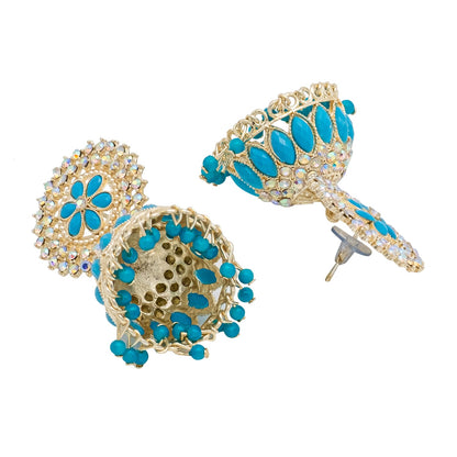 Traditional Indian Gold Plated Blue Polki CZ, Crystal Studded Jhumka Earring For Women - Blue (SJE_71_BL)