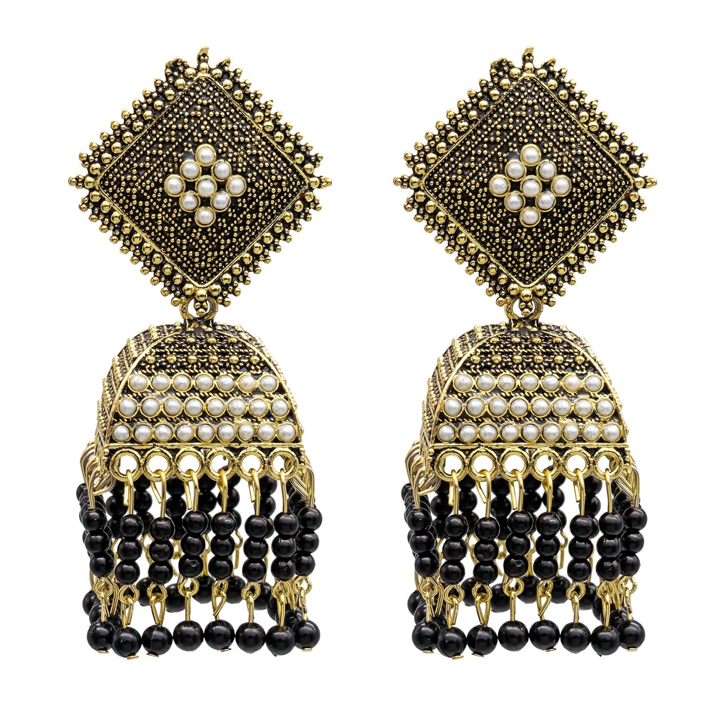 Traditional Indian Antique Gold Pleted Black Colour Tassel CZ, Crystal Studded Jhumka Earring For Women -Black (SJE_75_BK)