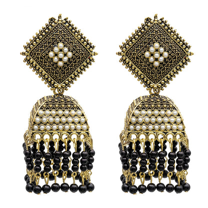 Traditional Indian Antique Gold Pleted Black Colour Tassel CZ, Crystal Studded Jhumka Earring For Women -Black (SJE_75_BK)
