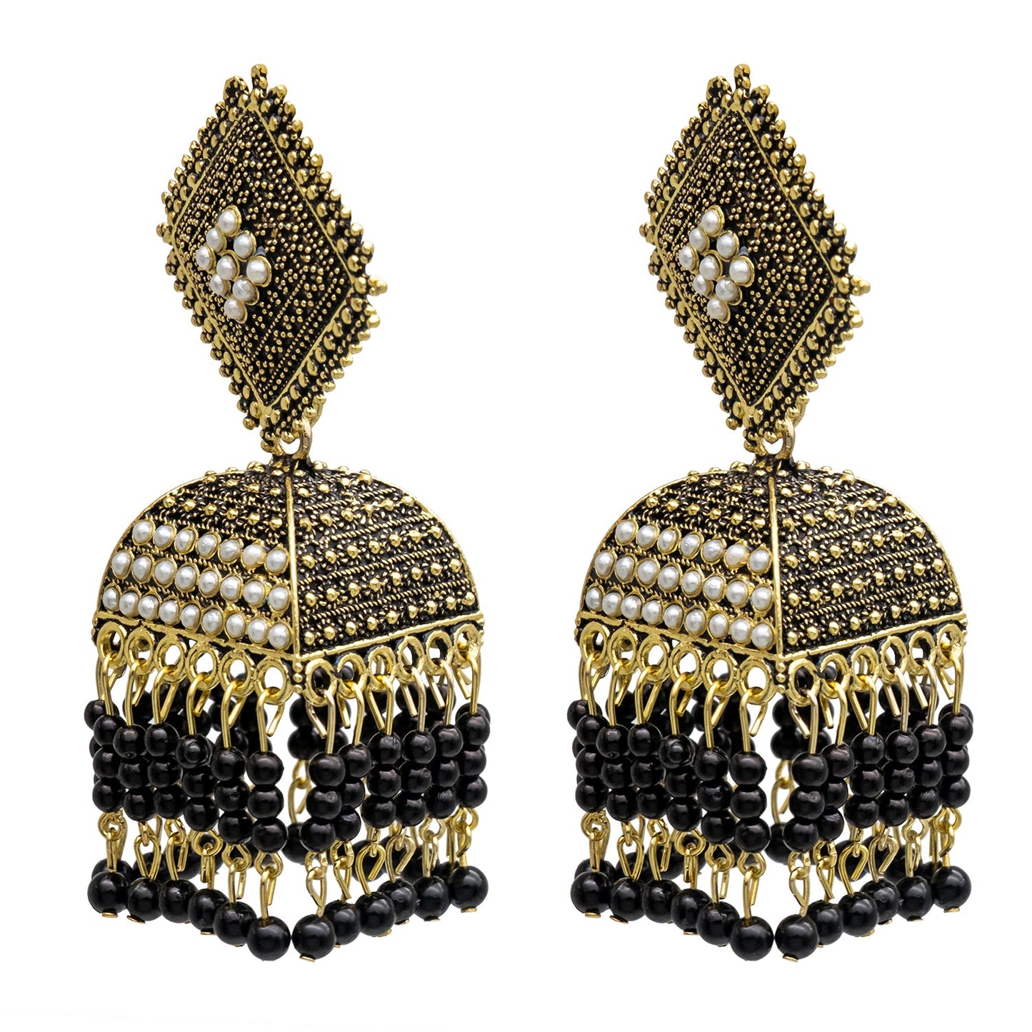Traditional Indian Antique Gold Pleted Black Colour Tassel CZ, Crystal Studded Jhumka Earring For Women -Black (SJE_75_BK)