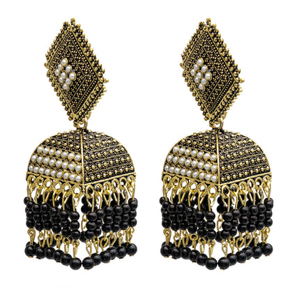 Traditional Indian Antique Gold Pleted Black Colour Tassel CZ, Crystal Studded Jhumka Earring For Women -Black (SJE_75_BK)
