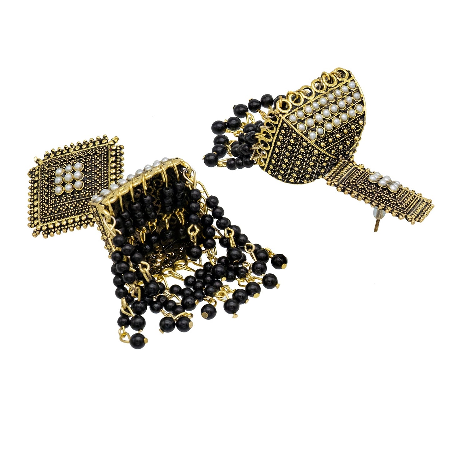 Traditional Indian Antique Gold Pleted Black Colour Tassel CZ, Crystal Studded Jhumka Earring For Women -Black (SJE_75_BK)