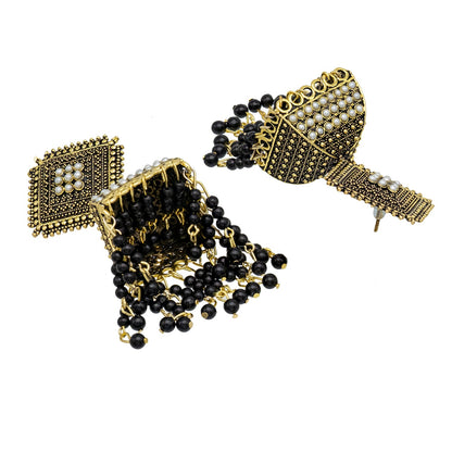 Traditional Indian Antique Gold Pleted Black Colour Tassel CZ, Crystal Studded Jhumka Earring For Women -Black (SJE_75_BK)