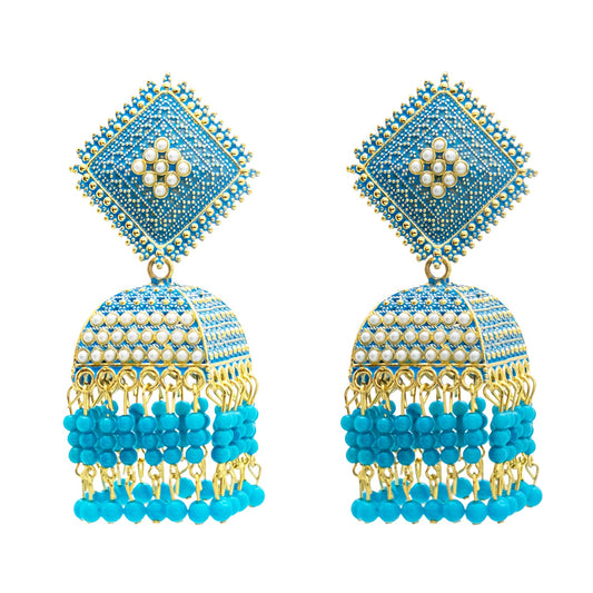Traditional Indian Antique Gold Pleted Blue Colour Tassel CZ, Crystal Studded Jhumka Earring For Women -Blue (SJE_75_BL)