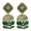 Traditional Indian Antique Gold Pleted Green Colour Tassel CZ, Crystal Studded Jhumka Earring For Women - Green (SJE_75_G)