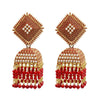 Traditional Indian Antique Gold Pleted Red Colour Tassel CZ, Crystal Studded Jhumka Earring For Women - Red (SJE_75_R)