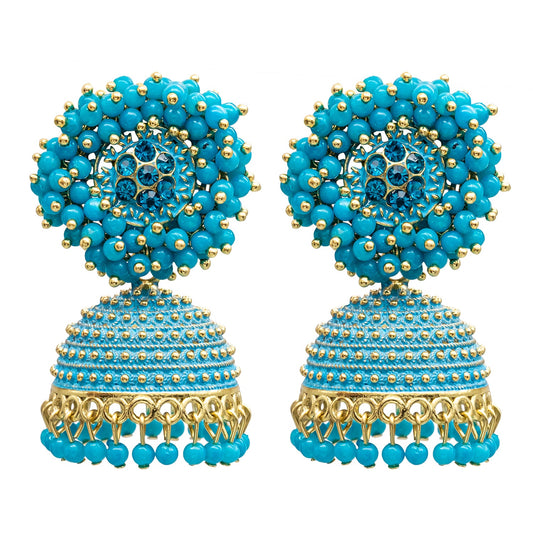 Traditional Indian Gold Plated With Blue Colour CZ, Crystal Studded Jhumka Earring For Women - Blue (SJE_76_BL)