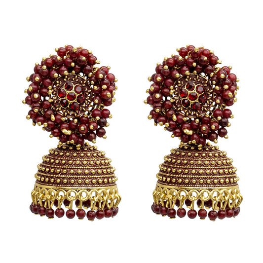 Traditional Indian Gold Plated With Maroon Colour CZ, Crystal Studded Jhumka Earring For Women - Maroon (SJE_76_M)