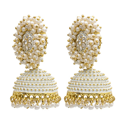 Traditional Indian Gold Plated With White Colour CZ, Crystal Studded Jhumka Earring For Women - White (SJE_76_W)
