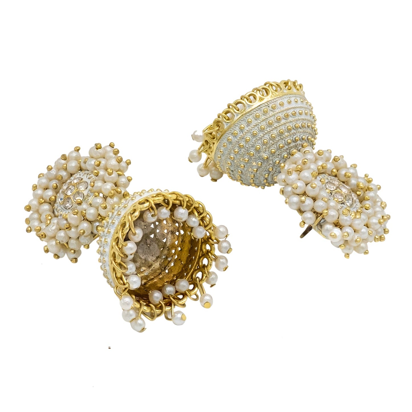 Traditional Indian Gold Plated With White Colour CZ, Crystal Studded Jhumka Earring For Women - White (SJE_76_W)