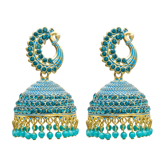 Traditional Indian Gold Plated With Blue CZ, Crystal Peacock Studded Jhumka Earring For Women - Blue (SJE_77_BL)