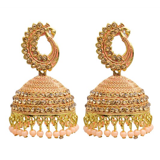 Traditional Indian Gold Plated With Light Pink CZ, Crystal Peacock Studded Jhumka Earring For Women - Light Pink (SJE_77_LP)