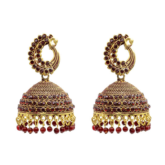 Traditional Indian Gold Plated With Maroon CZ, Crystal Peacock Studded Jhumka Earring For Women - Maroon (SJE_77_M)